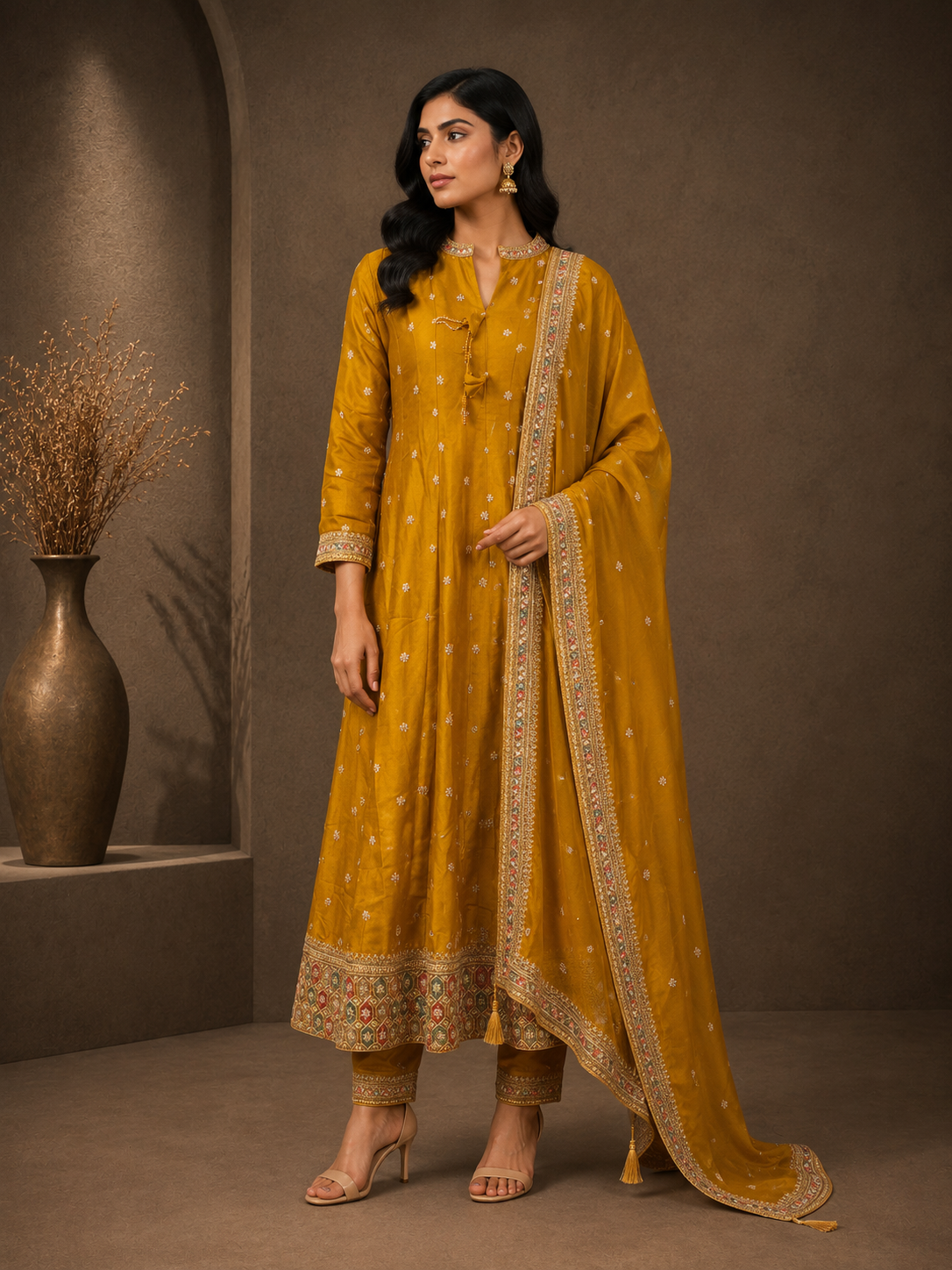 Premium Vichitra Silk Anarkali Suit Set with Embroidered Dupatta – Mustard Gold